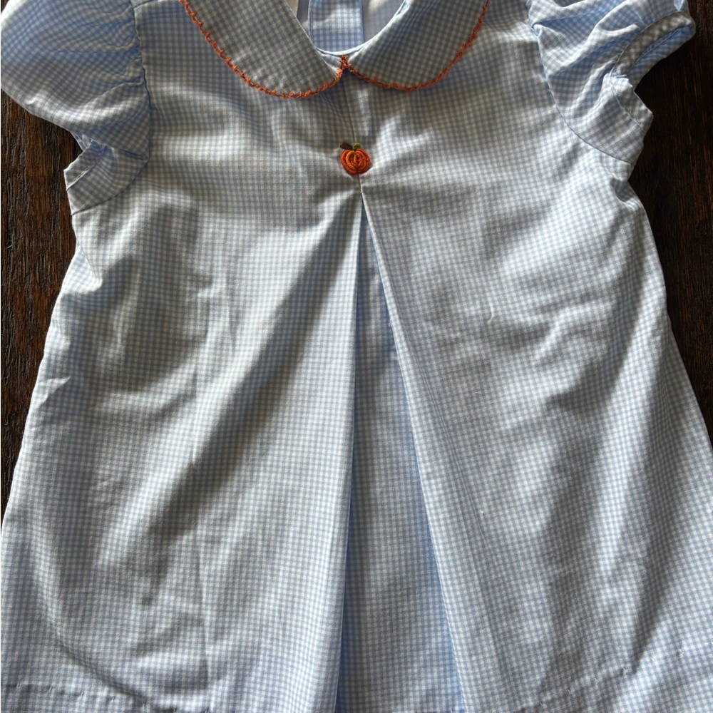 Blue Gingham Dress with Orange pumpkin Accent